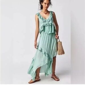 Free People If Only Skirt Set In Harbor Mint Rayon Gauze Asymmetrical Ruffle